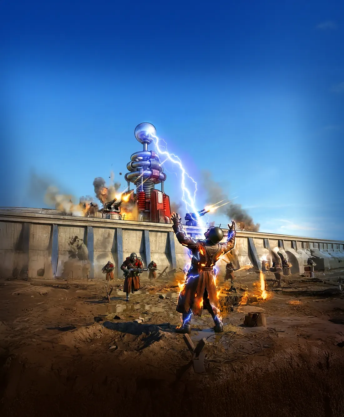 Red Command key art: a Tesla trooper calls lightning in front of a Tesla tower and a fortified wall.