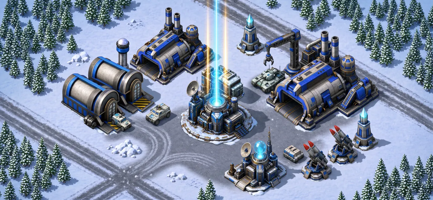 A snow-covered allied base with an energy tower firing beams into the sky, missile launchers, factories and parked vehicles.