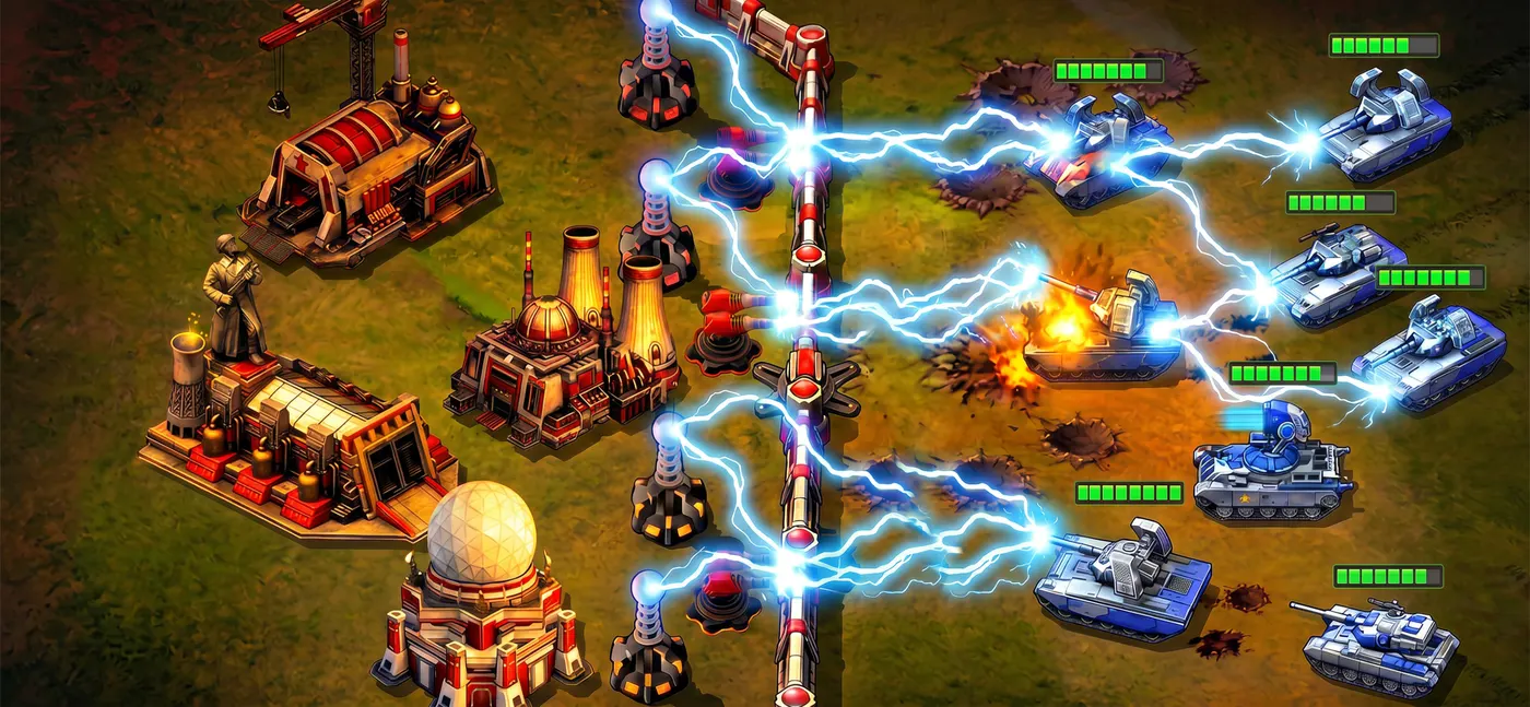 A red base with a statue, reactor and radar dome, its Tesla coils striking a column of blue tanks.